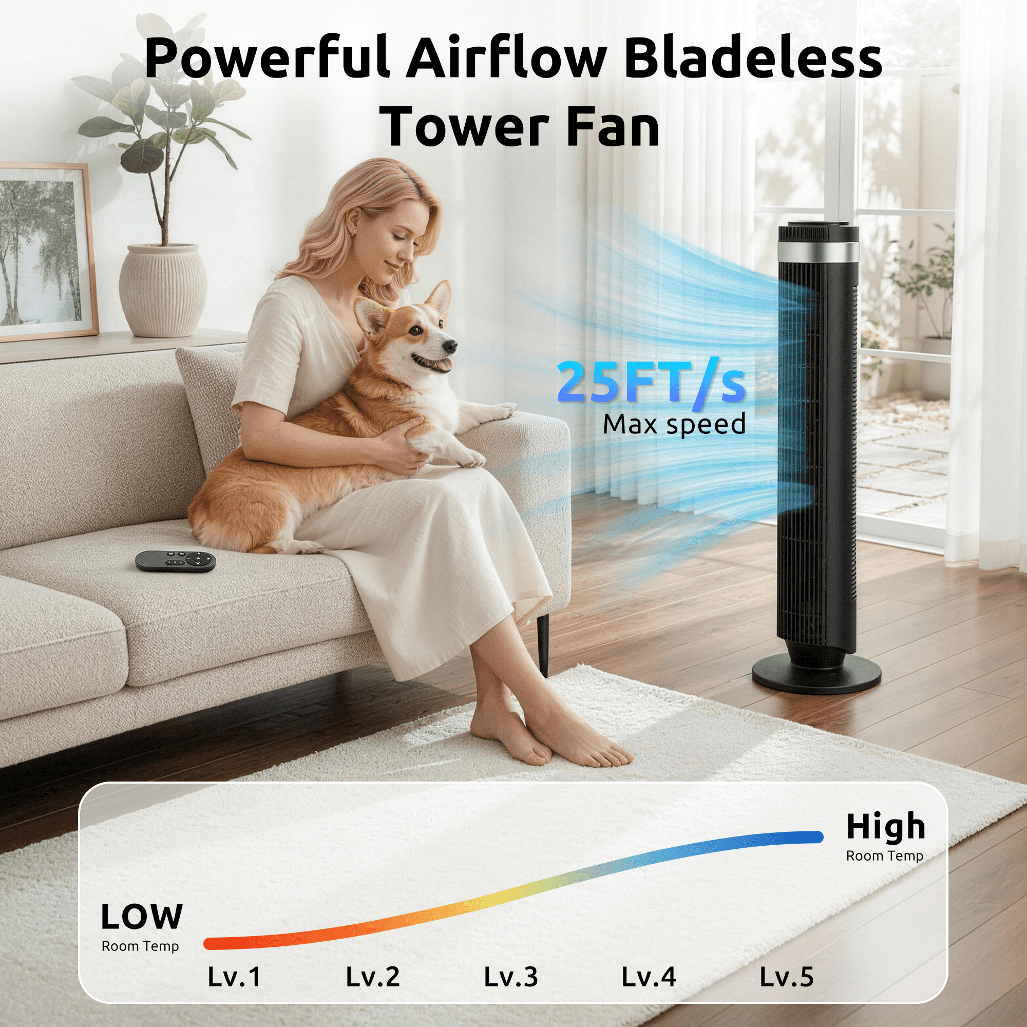 Blazezo Tower Fan With Remote, 64° Oscillating Bladeless Cooling Fan, 28dB Quiet Standing Floor Fan for Bedroom Home Office, 5 Speeds 4 Modes 12H Timer