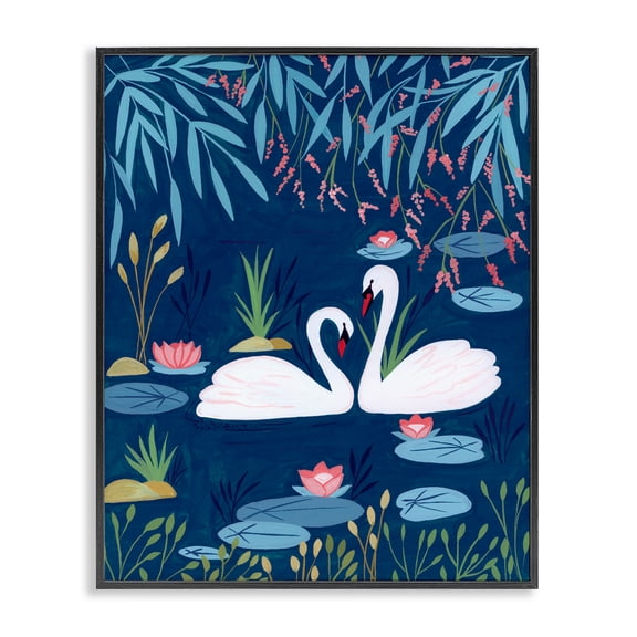 Swan Pair on Blue Pond Black Framed Giclee Art, design by Nabeela Rumi