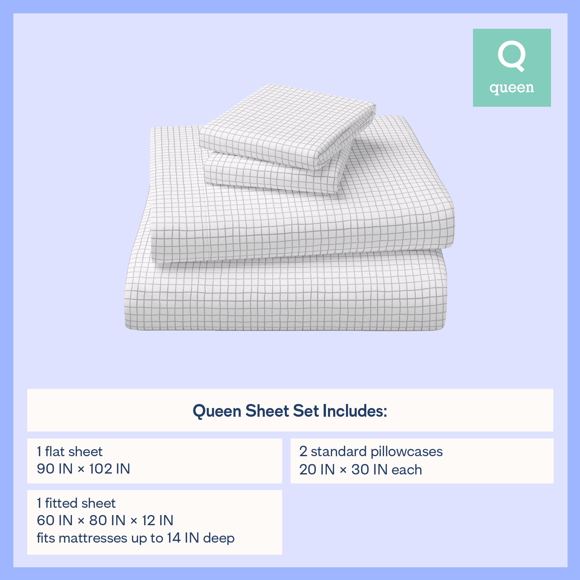 Mainstays Kids Microfiber Bed Sheet Set, Queen, White Grid, 4 Pieces