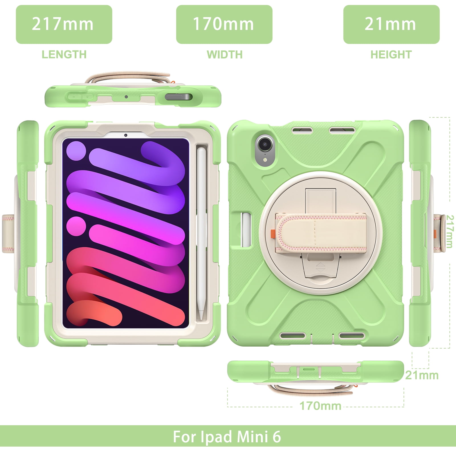 Rugged Case for 2021 Apple iPad Mini 8.3" (6th Generation 2021 Release) - Rotating Stand Case with Adjustable Hand/Shoulder Strap, Built-in Pencil Holder, Shockproof Hard Cover (Spring Green)