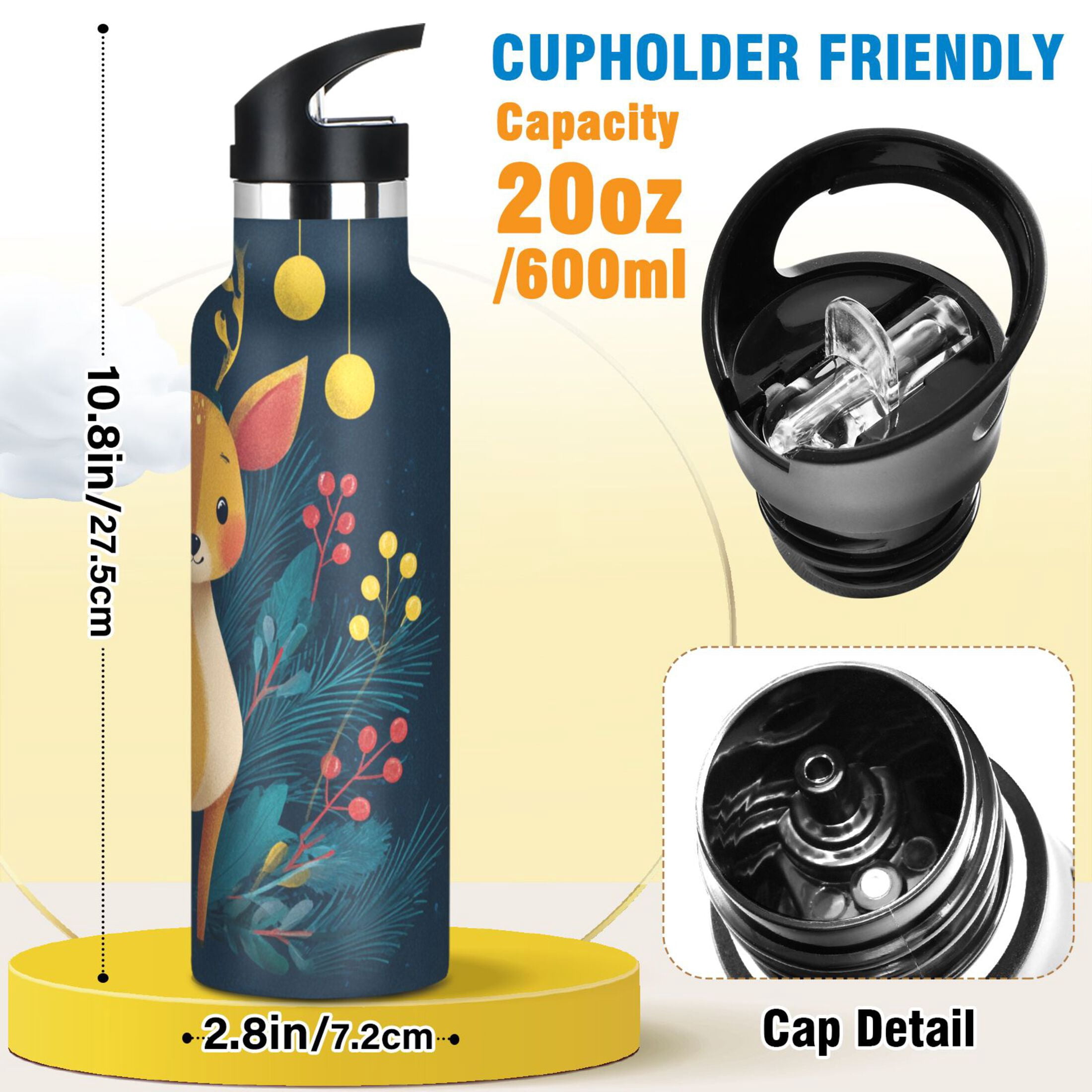 600ML Stainless Steel Insulated Cup Sports Water Bottle Portable Thermos Cup Water Glasses Insulated Tumblers Convenient and Durable Cute Orange Christmas Deer