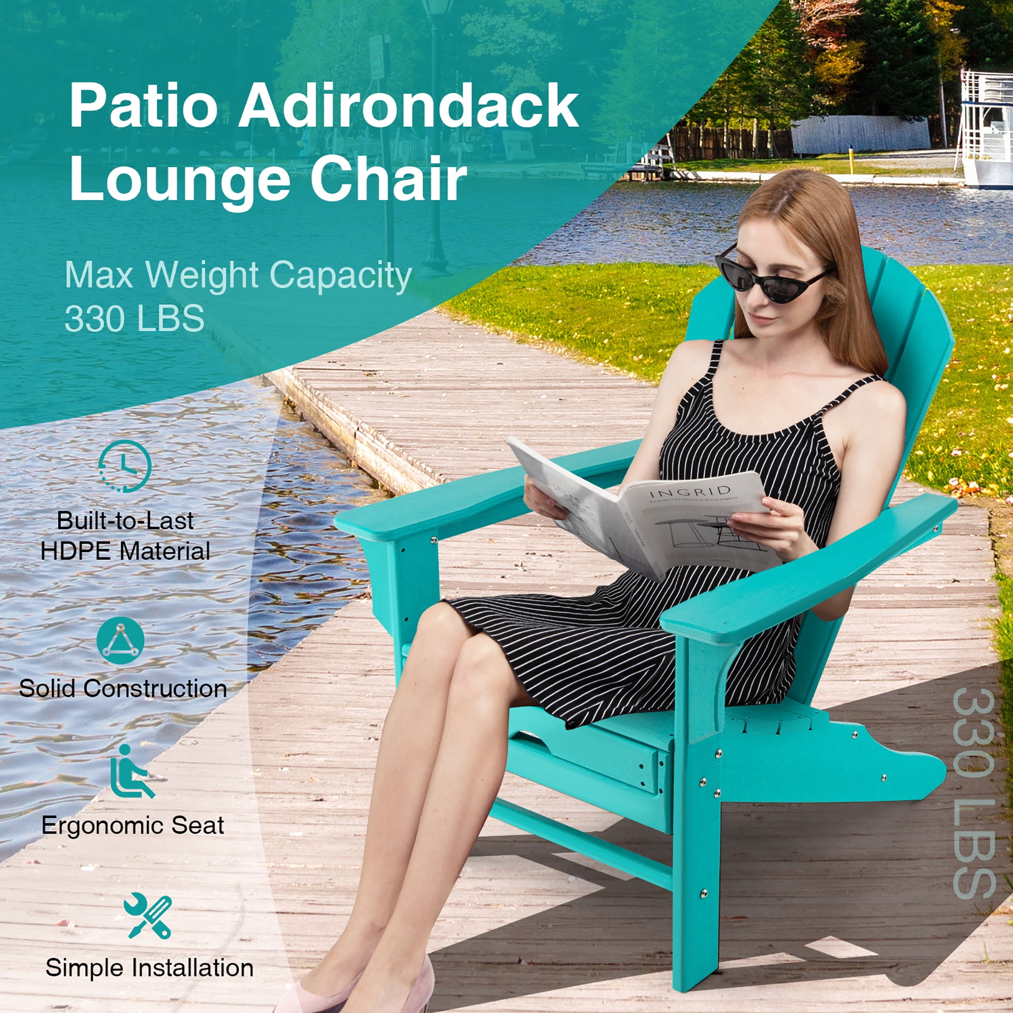 Costway Outdoor Patio HDPE Adirondack Chair Beach Seat Retractable Ottoman Turquoise