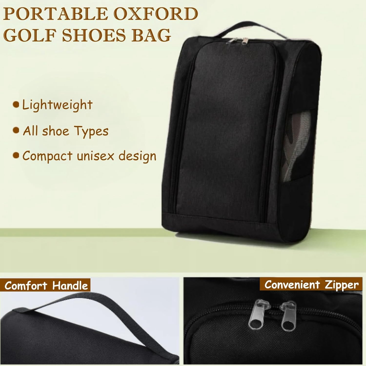 Golf Shoe Bag, Mesh Travel Shoe Bags with Water Proof Ventilation, Outdoor Shoe Carrier with Zippered and Handle (Black)