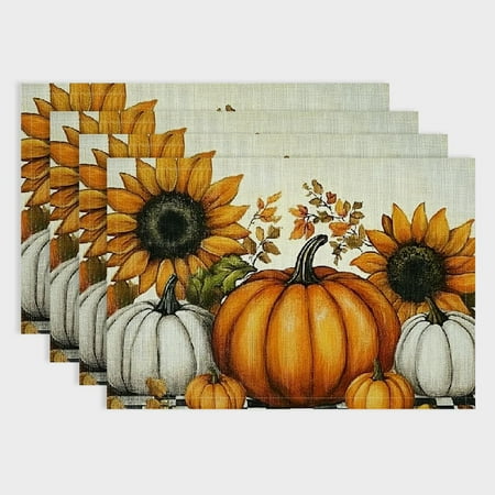 

Shiartex Pumpkins Sunflowers Linen Placemat Set of 4 Indoor Outdoor Table Mats for Birthday Parties Christmas Restaurants Buffets - Home Decoration 18x12in