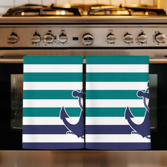 Anchor Teal Kitchen Towels Set of 2, Modern Navy Blue White Striped Nautical Absorbent Dish Towels for Kitchen, Microfiber Hand Towel, Quick Drying Tea Towel for Cleaning Decorative Dishcloths