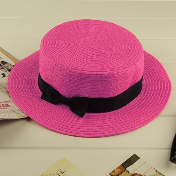 Chapeau de Bateau d'Été à Écran Solaire pour Enfants Filles Adultes Femmes au Design Tendance, Tissage Classique en Paille, Chapeau de Plage à Dessus Plat pour Dames