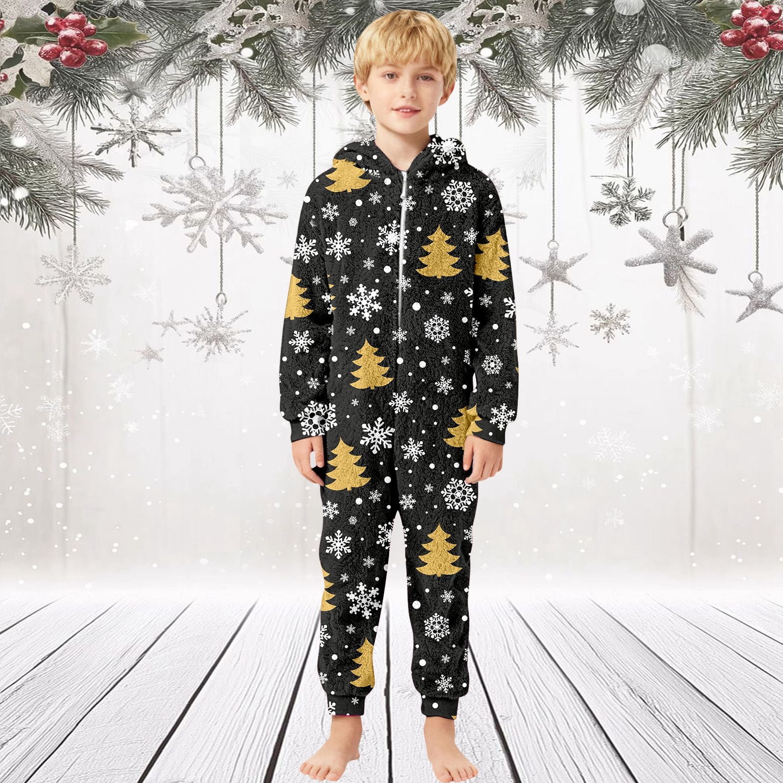 XDZJLR Flannel Christmas Onesie Pajamas For Kids Boys Girls Xmas Cozy Fleece Print Jumpsuit Hooded Romper Winter Holiday Outfit Soft Thermal Loungewear Toddler Kid Nightwear Black 9-10 Years