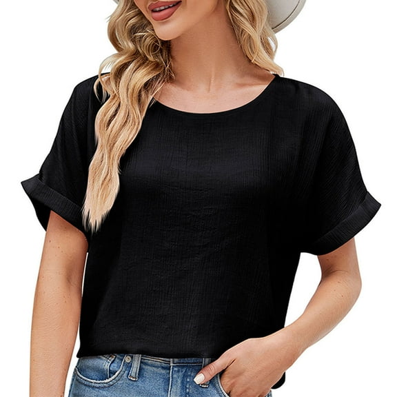 USSUMA Womens Tank Tops Women's Round Neck Casual Short Sleeve Loose Solid Color Breathable Top Casual Online Shopping Black Nylon M