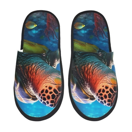 Balery Ice Blue Ocean Sea Turtle Slient Indoor Furry Fleece Comfort House Shoes Soft Non-Slip Home Shoes Cotton slippers House Slippers-- Large