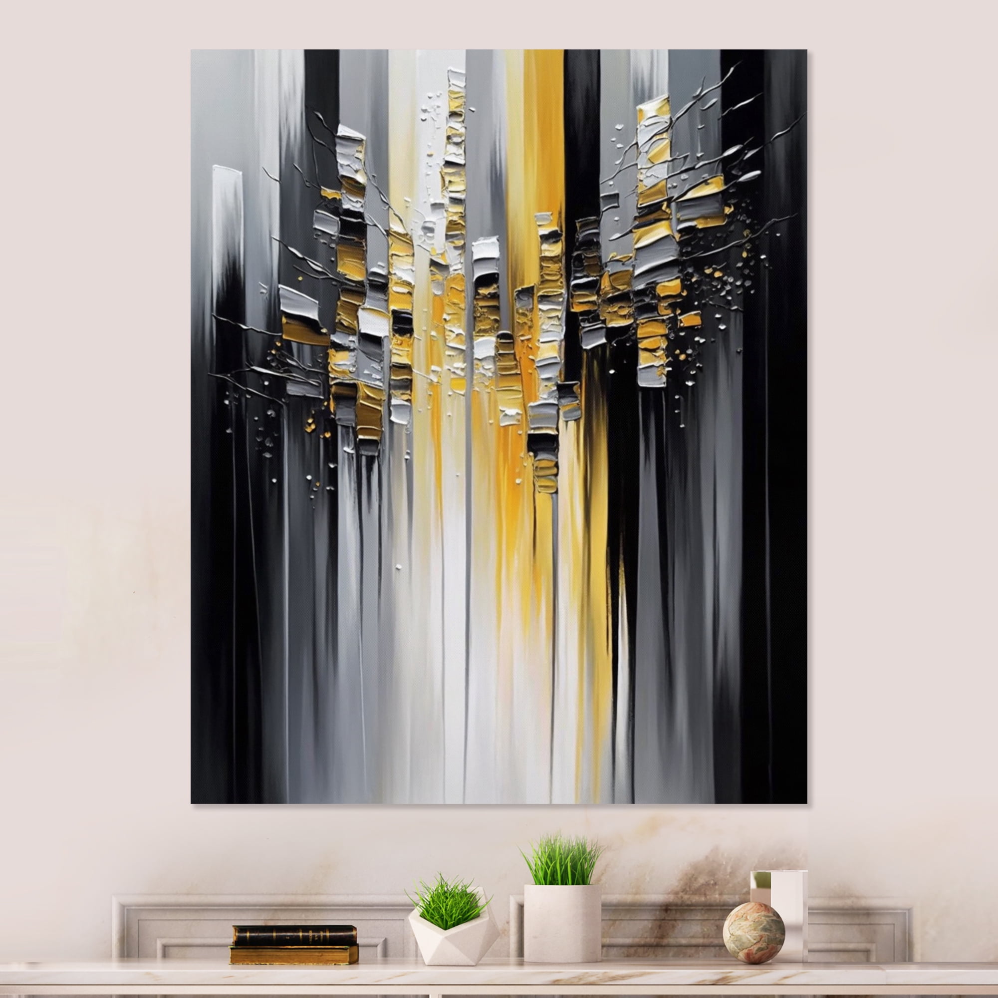 Designart Abstract Geometric Black And Yellow I Canvas Wall Art