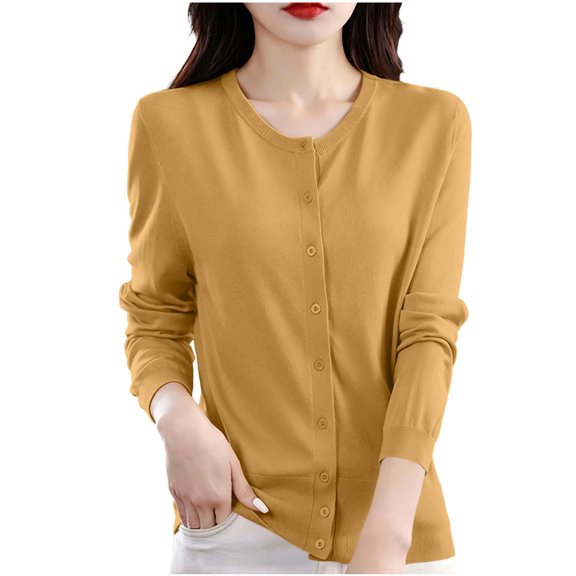 Ghalytn Women's Crew Neck Cardigan Sweater - Slim Fit Long Sleeve Button Front Knit Top with Ribbed Trim