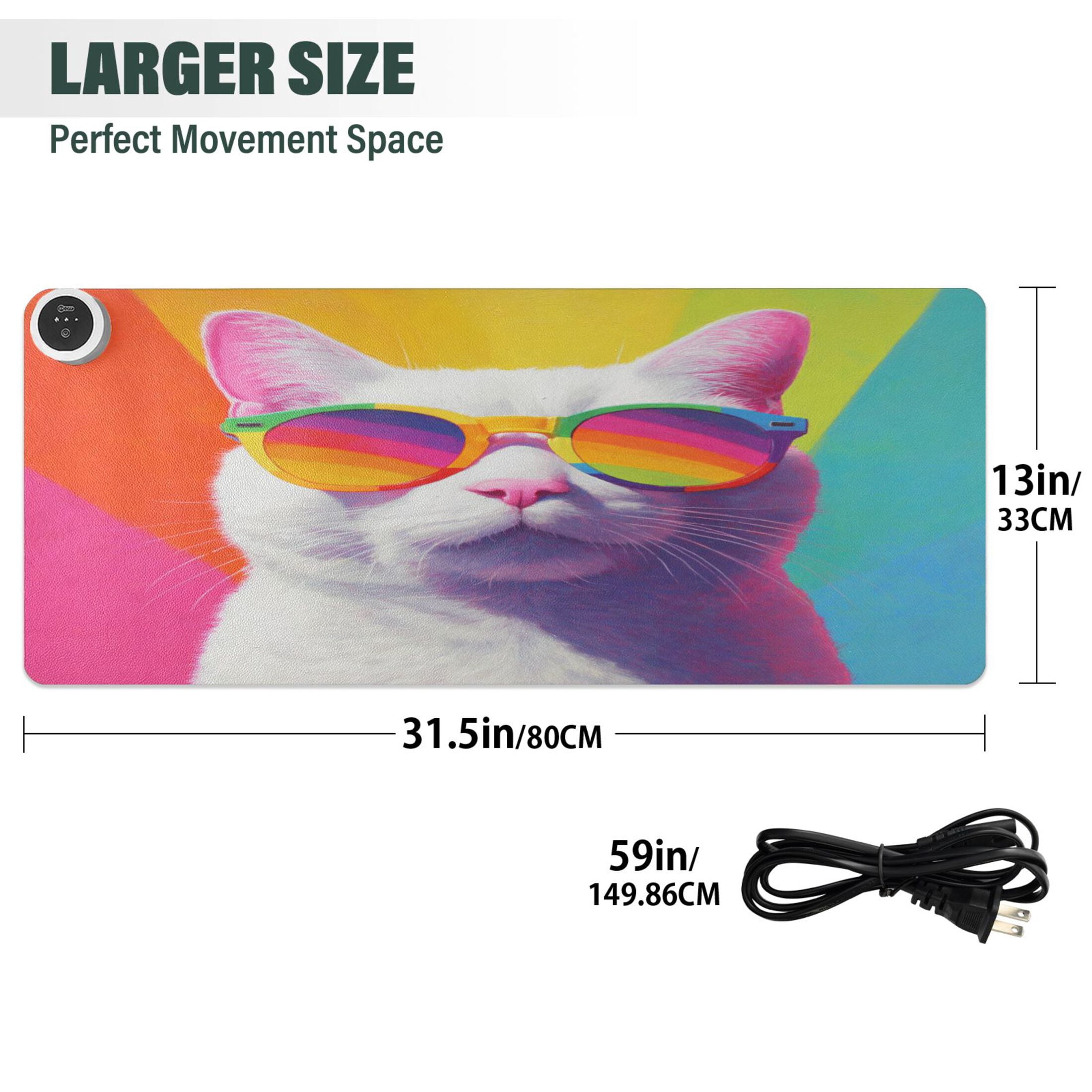 Large Heated Desk Mat Mouse Pad 31.5"x13"PU Leather Graphene Heating Desk Warmer with 3 Temperature Settings 110V US Plug Non-Slip Warm Pad for Home, Office, and Gaming White Cat Colorful Sunglasses