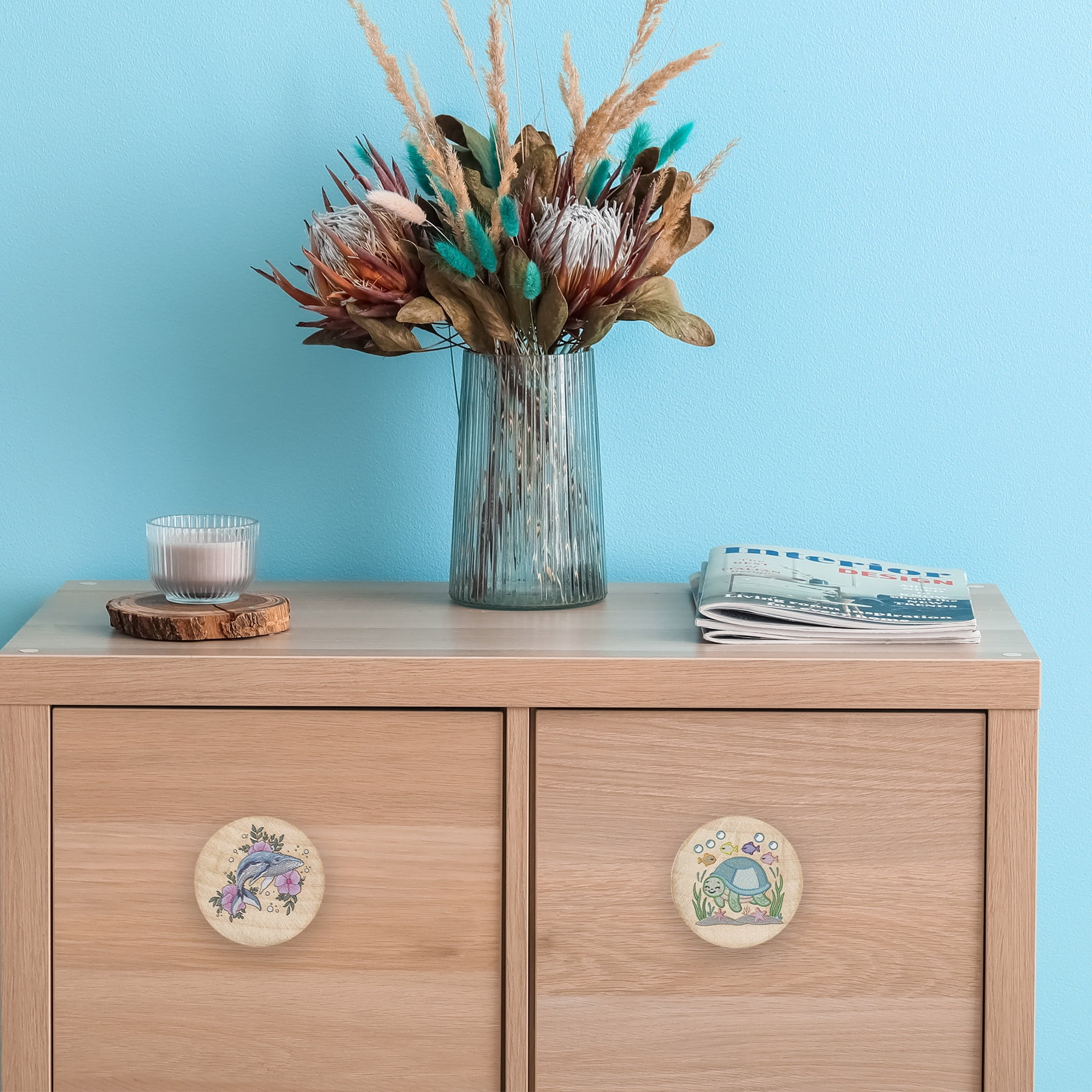 Jamjam 8Pack 1.5" Wooden Cute Ocean Animals Drawer Pulls Cupboard Cabinet Knob Nursery Kids Room Turtle Whale Seastar Dresser Drawer Knobs