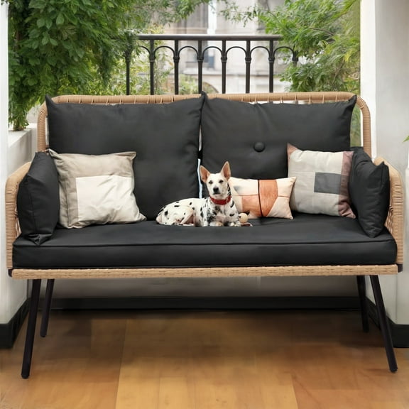 ModFusion Black All-Weather Rattan Loveseat with Cushions, 2-Seat Outdoor Sofa for Patio or Deck