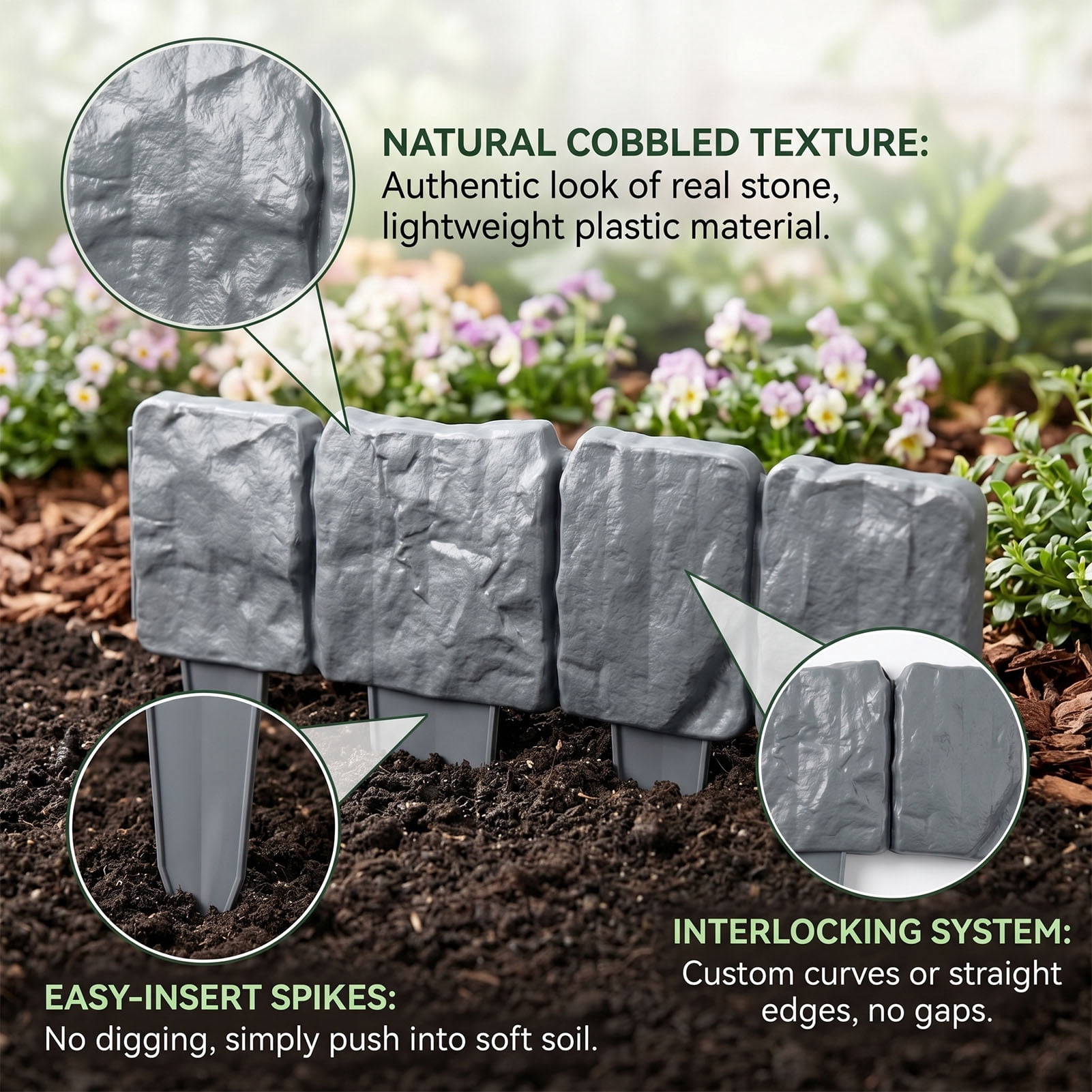 Imitation Stone Garden Fence Plastic Retaining Edging Border Grey Cobbled Effect,Plastic Garden Retaining Edging Fence,Flexible Interlocking Landscape Edging,for Landscaping Flower Beds