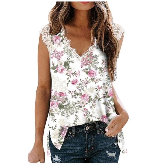 Lace Patchwork Floral Print Blouse for Women Sleeveless V-neck Blouse Tops