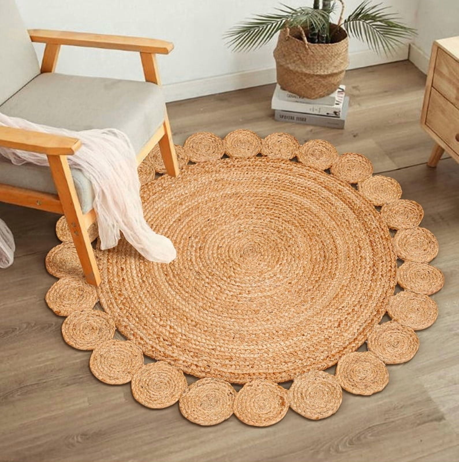 Boho Farmhouse Jute Circle Rug, Reversible Rustic Coastal Area Mat Natural Beige Scalloped, 2 FT
