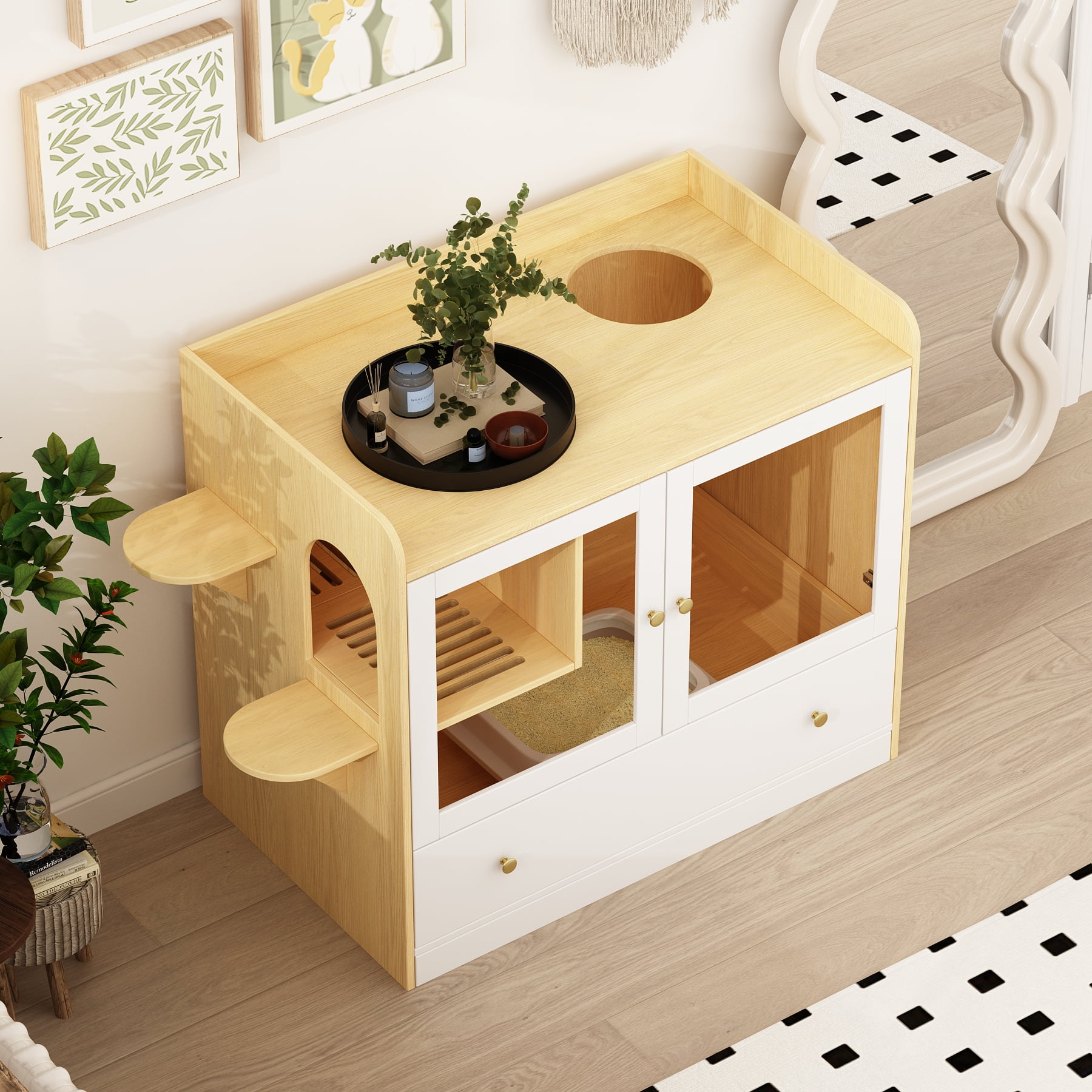 NARTRU Large Cat Litter Box Enclosure Furniture with Drawer and Runway Litter Filter for Litter Boxes,Oak