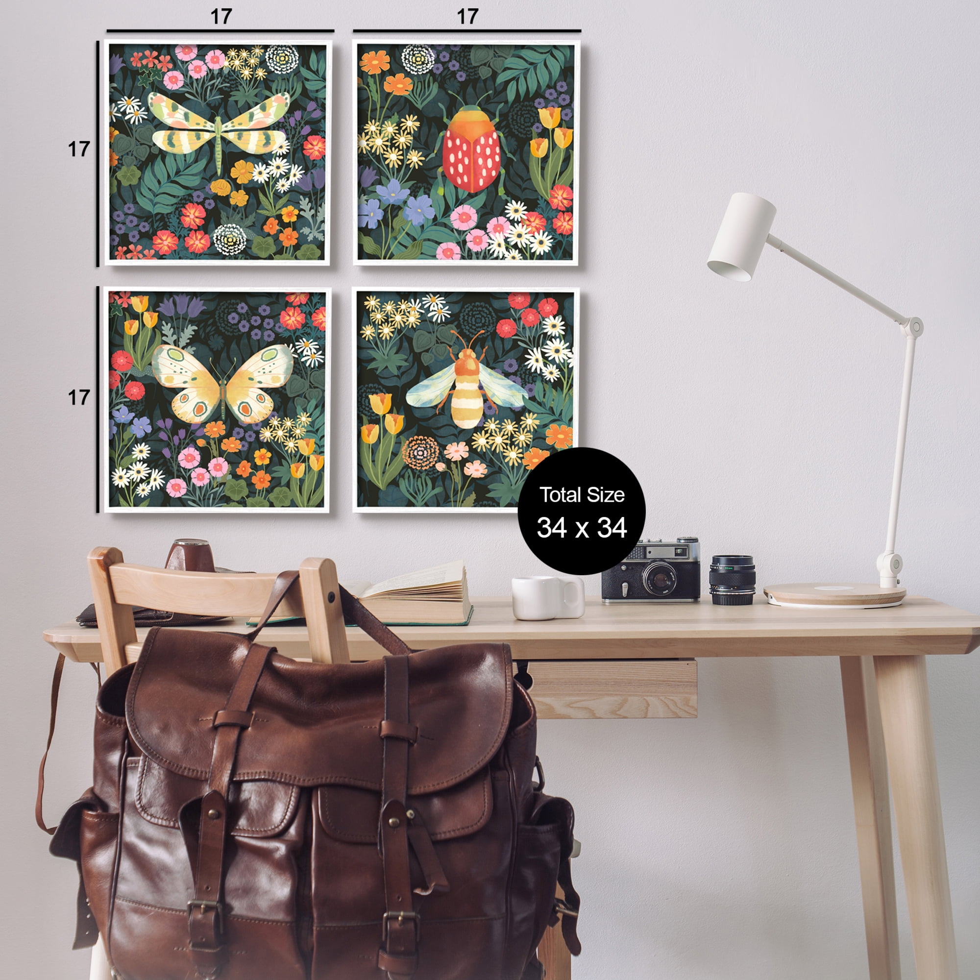 Stupell Industries Insects Among Wildflowers Animals & Insects Painting White Framed Art Print Wall Art, 17 x 17, Set of 4