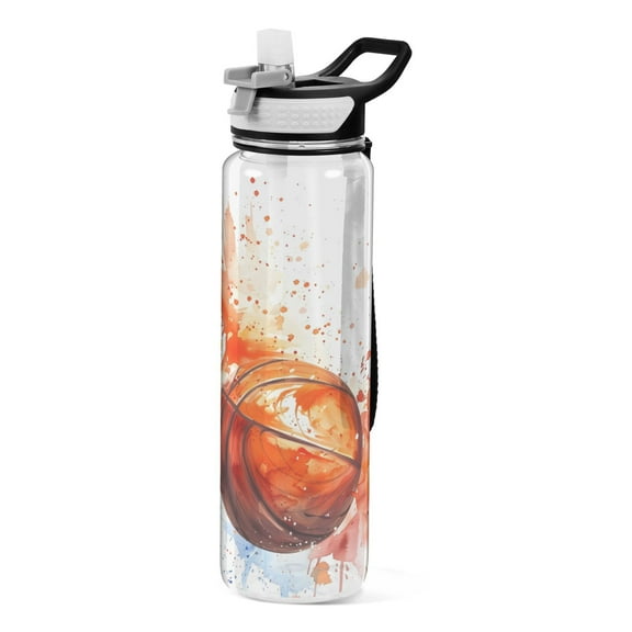 Basketball Watercolor Transparent Sports Water Bottle with Straw BPA Free Tritan 32oz for Kids Adults Capming Sports Gym School