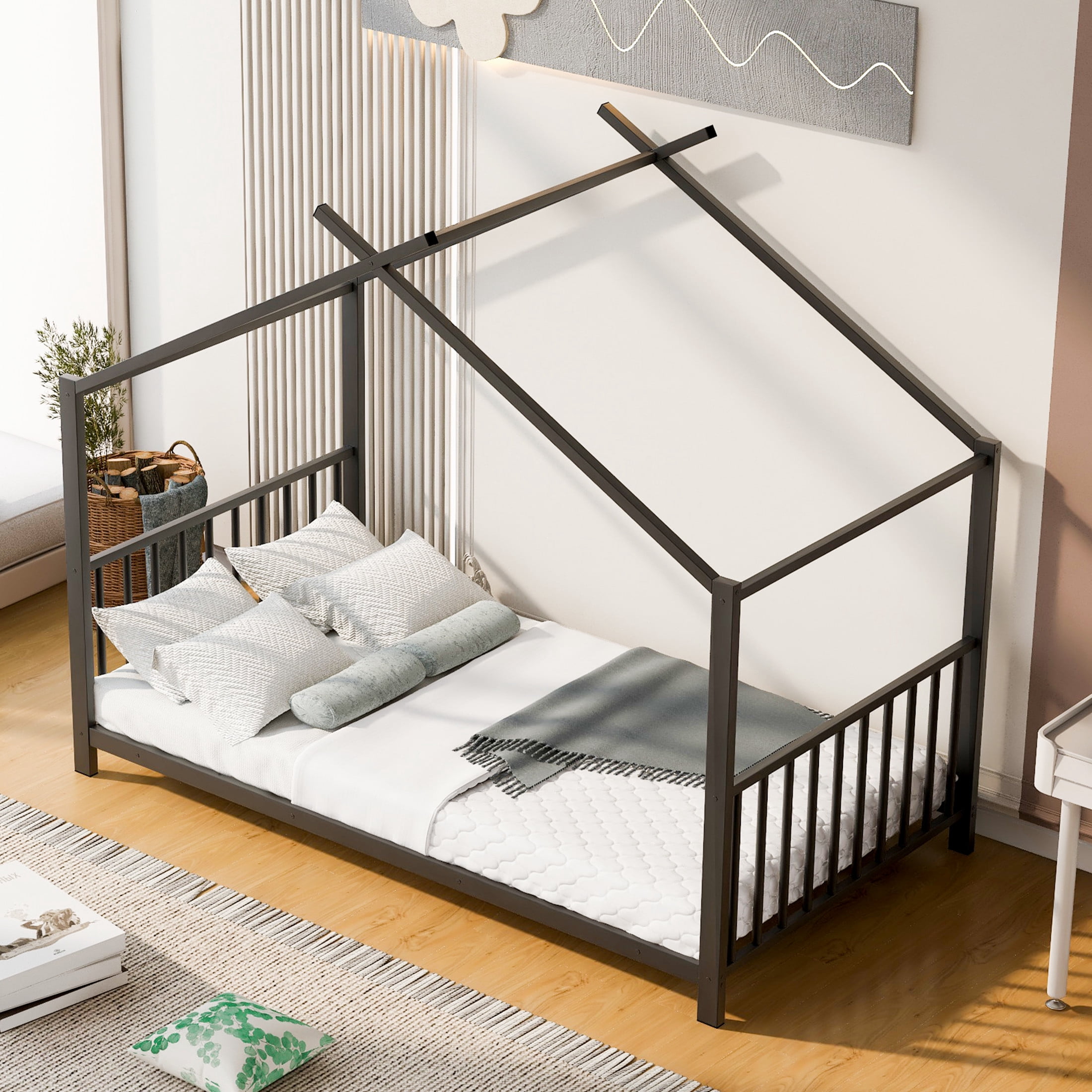 Noble House Ella Twin Metal House Bed, Modern Minimalist Playhouse Bed Frame with Wood Slats, for Kids, Black