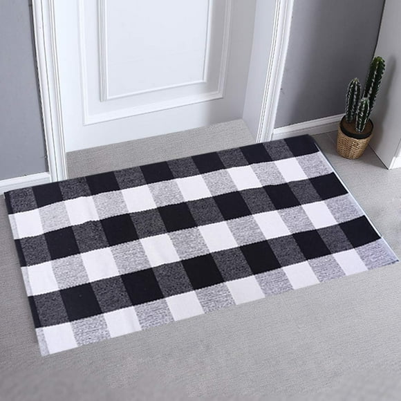 Outdoor Rug Cotton Rug Buffalo Checkered Plaid Area Rug Door Mat for Entry Way Washable Doormat Bedroom Carpet Welcome Mat(24" x 51", Black and White Plaid Rug)