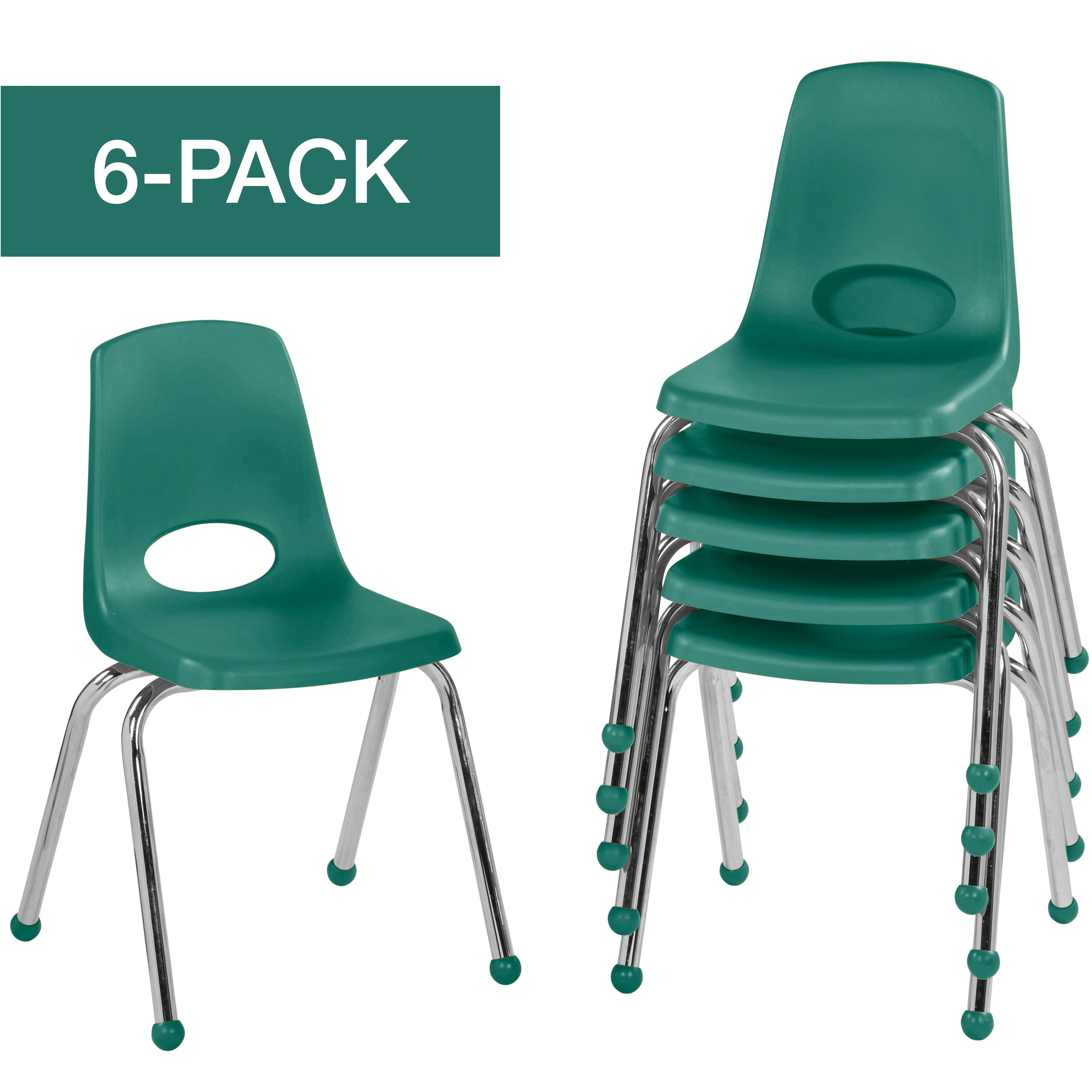 ECR4Kids 16 School Stack Chair 6-Pack Chrome Legs with Ball Glides Green 