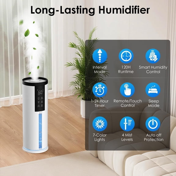 8L Cool Mist Humidifier for Large Rooms - 550 ft² Coverage, 120H Runtime, 4 Mist Levels, 7-Color Light, Quiet Operation, Top Fill Design, Remote Control, Aroma Pad, 12 Months Warranty