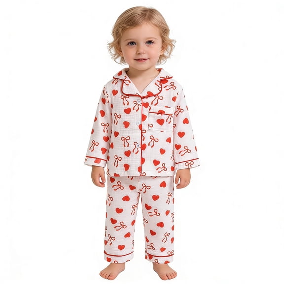 Toddler Pajama for Boys Valentines Day Pajama Long Sleeve Heart Button Down Nightwear Little Girl Pajamas 12-18 Months