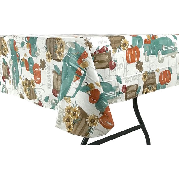 Serafina Home Farm Fresh Fall Harvest Teal Trucks, Pumpkins, Apples & Sunflowers on Rustic White Wood Vinyl Flannel Back Tablecloth 52" x 70"