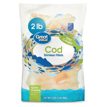 Great Value Wild Caught Skinless Cod Fillets, 2 lb Bag (Frozen Fish)