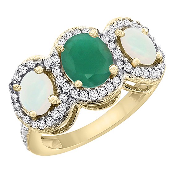 10K Yellow Gold Natural Emerald & Opal 3-Stone Ring Oval Diamond Accent, size 10