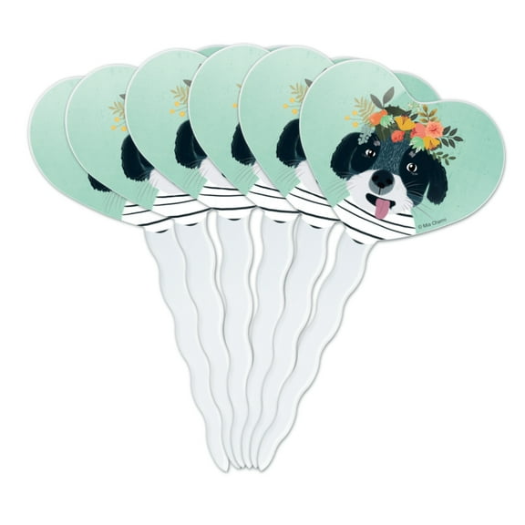 Funny Puppy Flowers in Hair Heart Love Cupcake Picks Toppers Decoration Set of 6