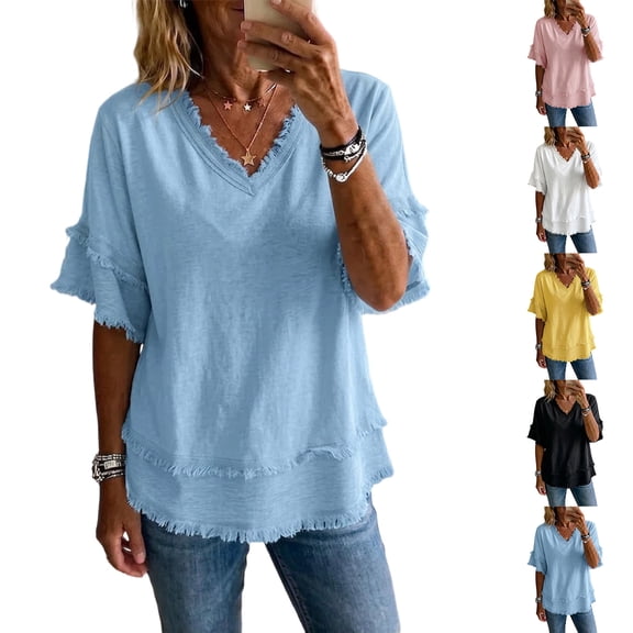 Womens Linen T Shirts V Neck Summer Loose Short Sleeve Casual Tees Solid Color Breathable Hippie Beach Vacation Tops, 3XL