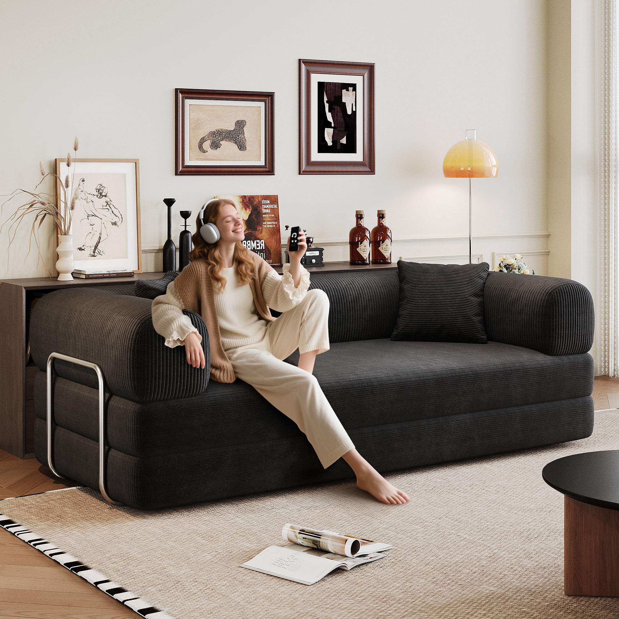 avobird 78.8" Compression Sofa, Convertible Floor Sofa Bed with Pillow Back Support Armrest, Boneless Modular Sectional Sofa for Living Room, Black