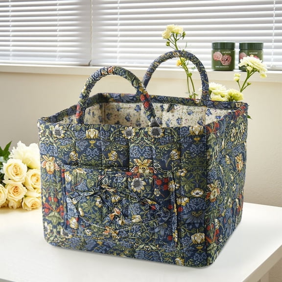 Quilted Storage Basket,  Boho Fabric Large Collapsible Floral Laundry Nursery Hamper Portable Folding Storage