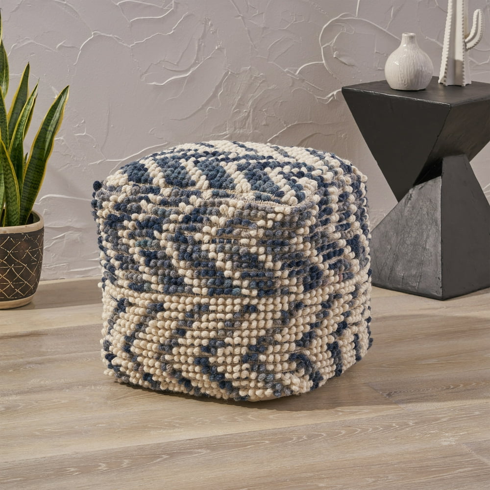 Bonnie Boho Wool and Cotton Large Ottoman Pouf, White and Blue