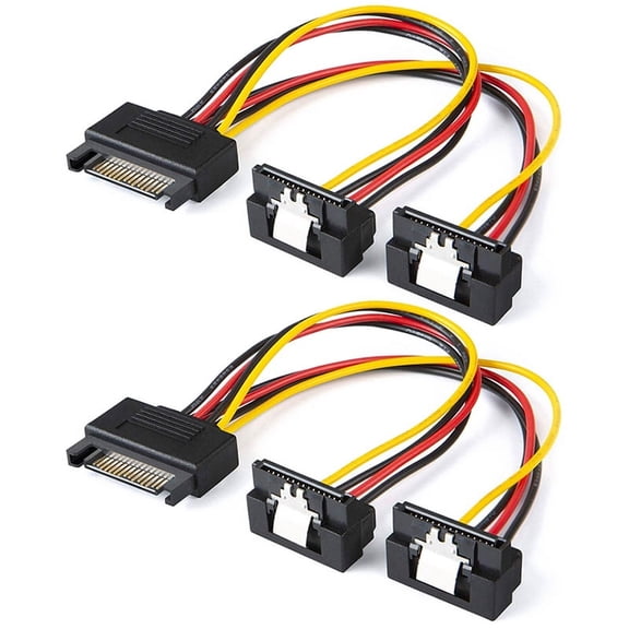Power Cable, 2-Pack 8-Inch 15 Pin Male to 2XSATA Down Angle Female Splitter Cable New