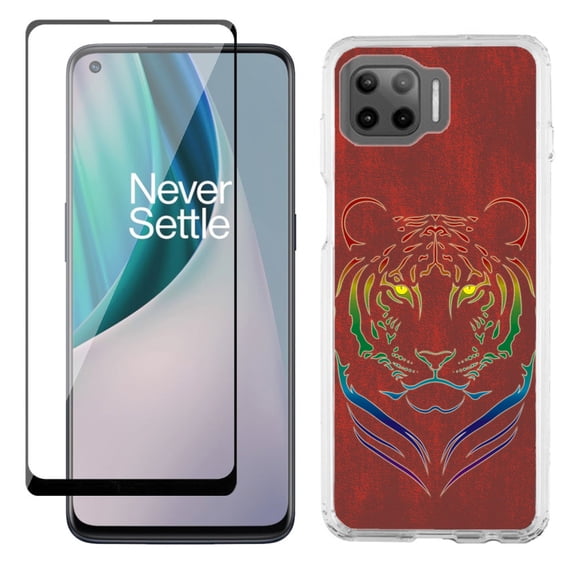 Slim-Fit Protective Phone Case compatible with Motorola Moto One 5G UW, with Tempered Glass Screen Protector, by OneToughShield ® - Night Tiger