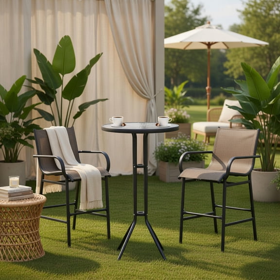 Resenkos 3-Piece Bar Height Outdoor Bistro Set – Tan & Black Tempered Glass Table 2 Weatherproof Mesh Chairs for Balcony, Small Patio & Indoor Use