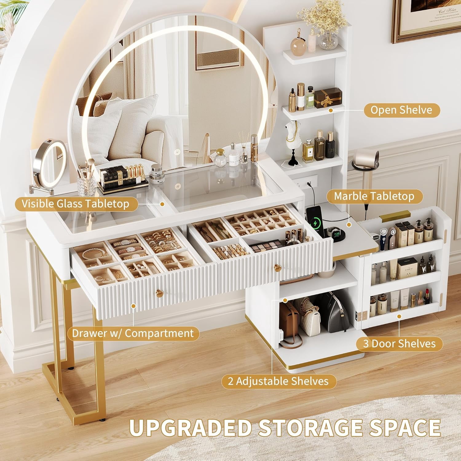 iPormis Makeup Vanity Desk with Round Mirror and Lights, 5x Magnifying Makeup Mirror, Dressing Table w/Power Outlets, Doorshelves & Adjustable Storage,White