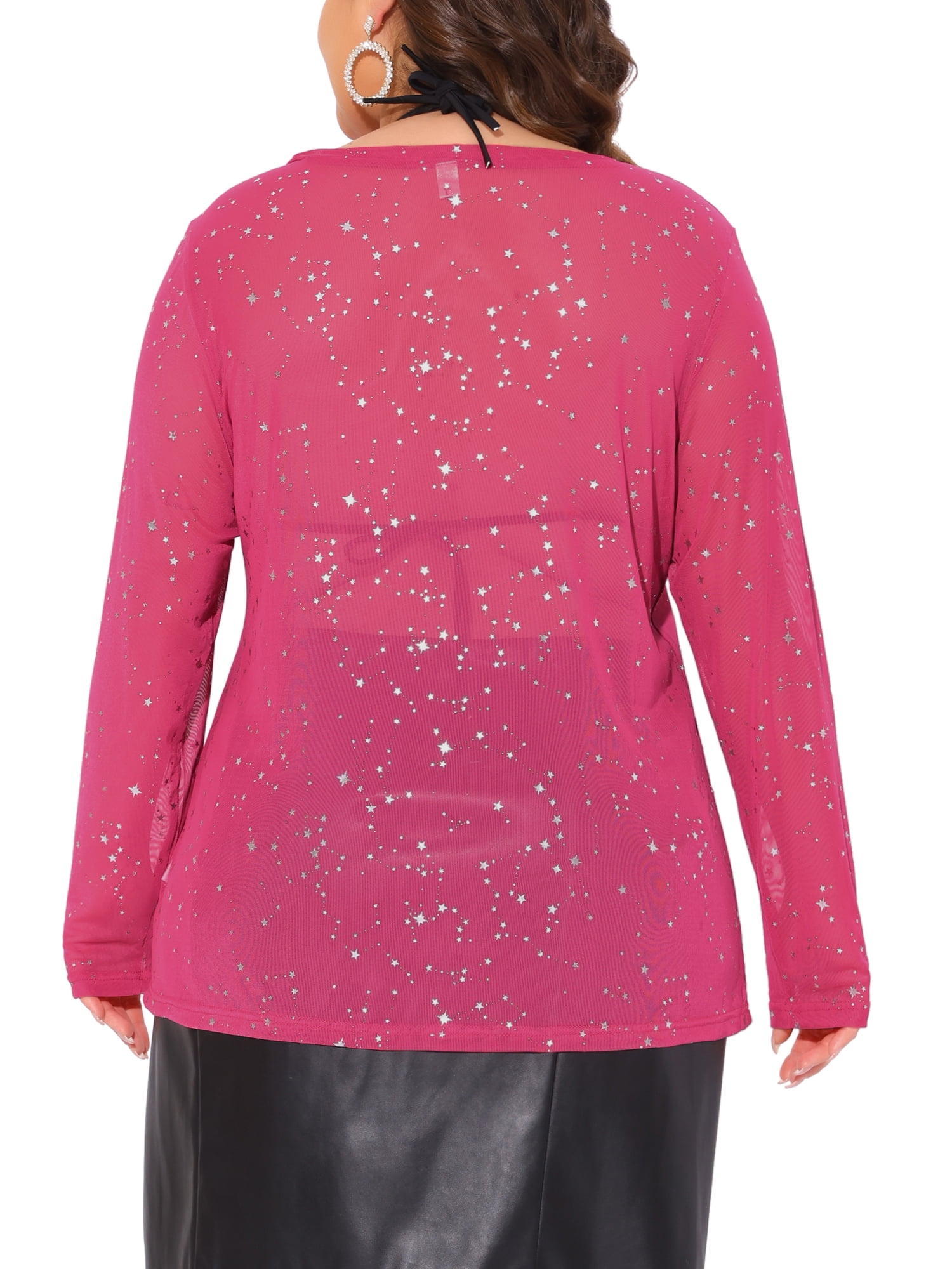 DARING DIVA Women's Plus See Through Mesh Long Sleeve Crew Neck Party Blouse 1X Hot Pink