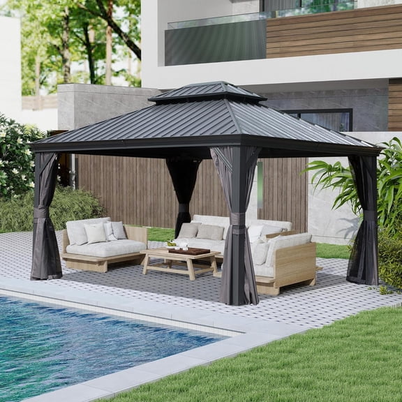 Mondawe 10x13 FT Outdoor Double Roof Galvanized Steel Gazebo with Curtains and Netting, Gray