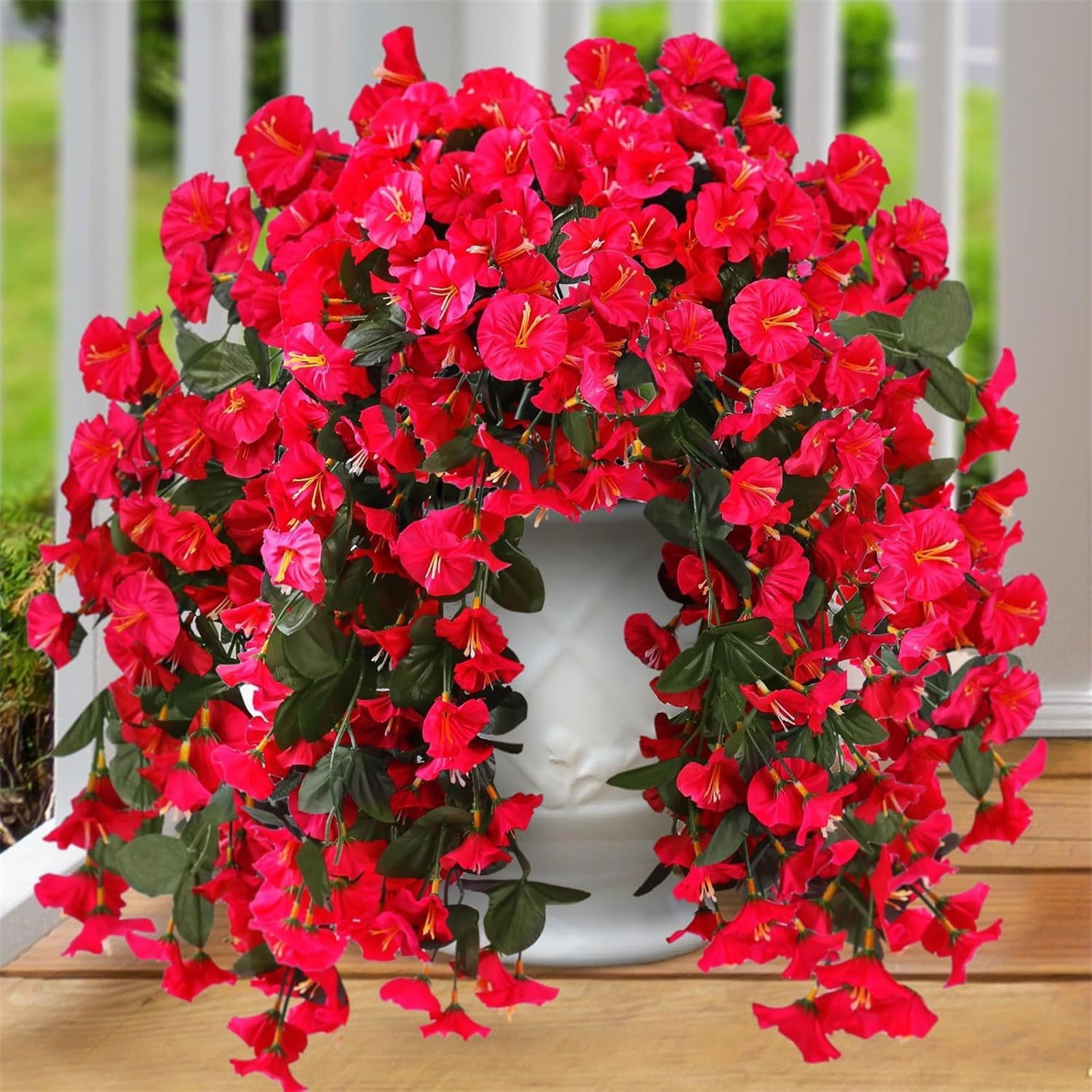 Artificial Fake Hanging Flowers Plants for Outdoor Outside Spring Summer Decoration 1PCS Faux Silk UV Resistant Realistic Morning Glory Trailing Vines for Home Porch Patio Balcony,Red & Pink