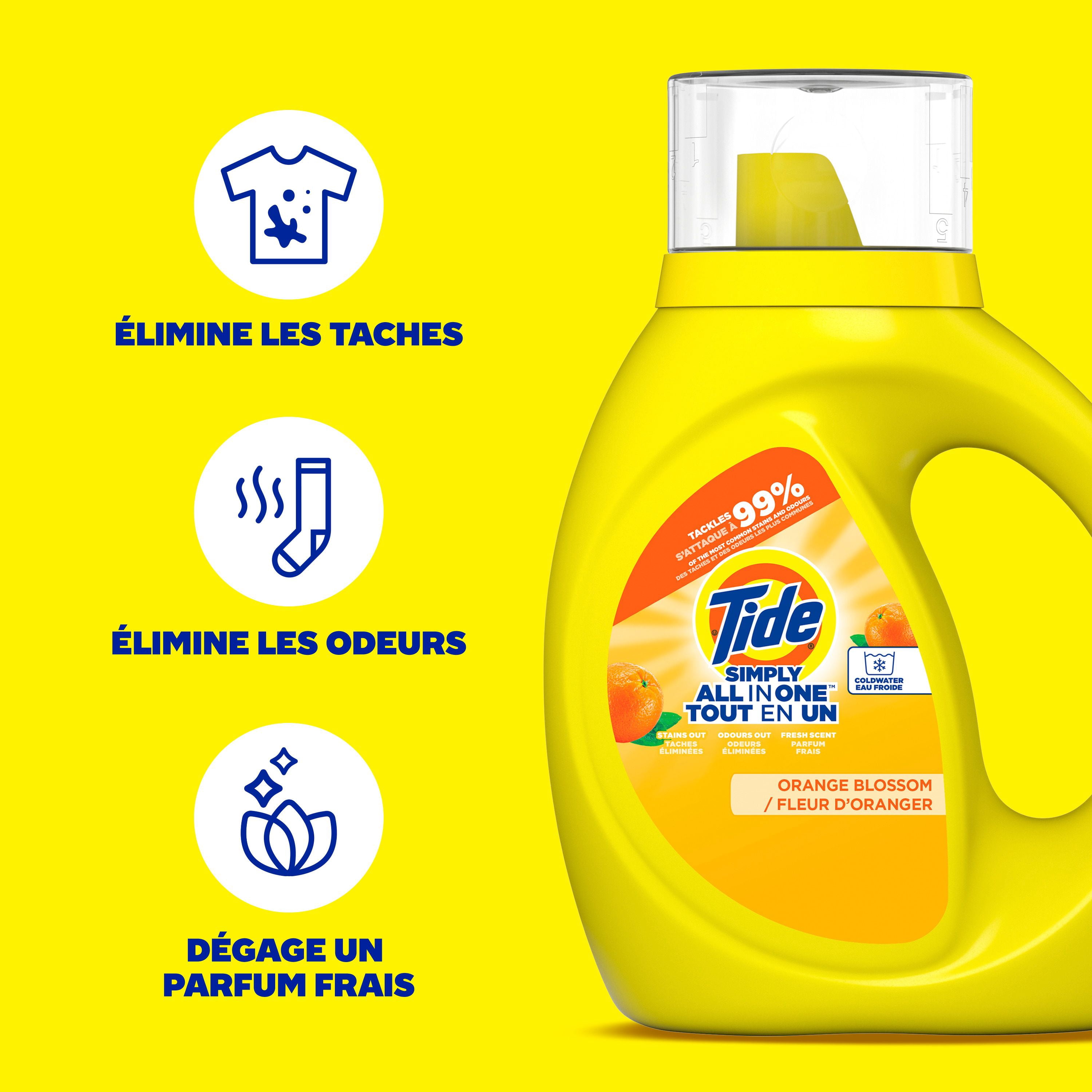 Détergent à lessive liquide Tide Simply Tout-en-un, parfum Fleur d’oranger, 24 brassées