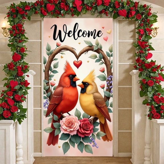 Red Cardinal Welcome Banner Heart-shaped Wreath Love Display Pink Roses Purple Berries Romantic Background for Wedding Valentine's Day Anniversary