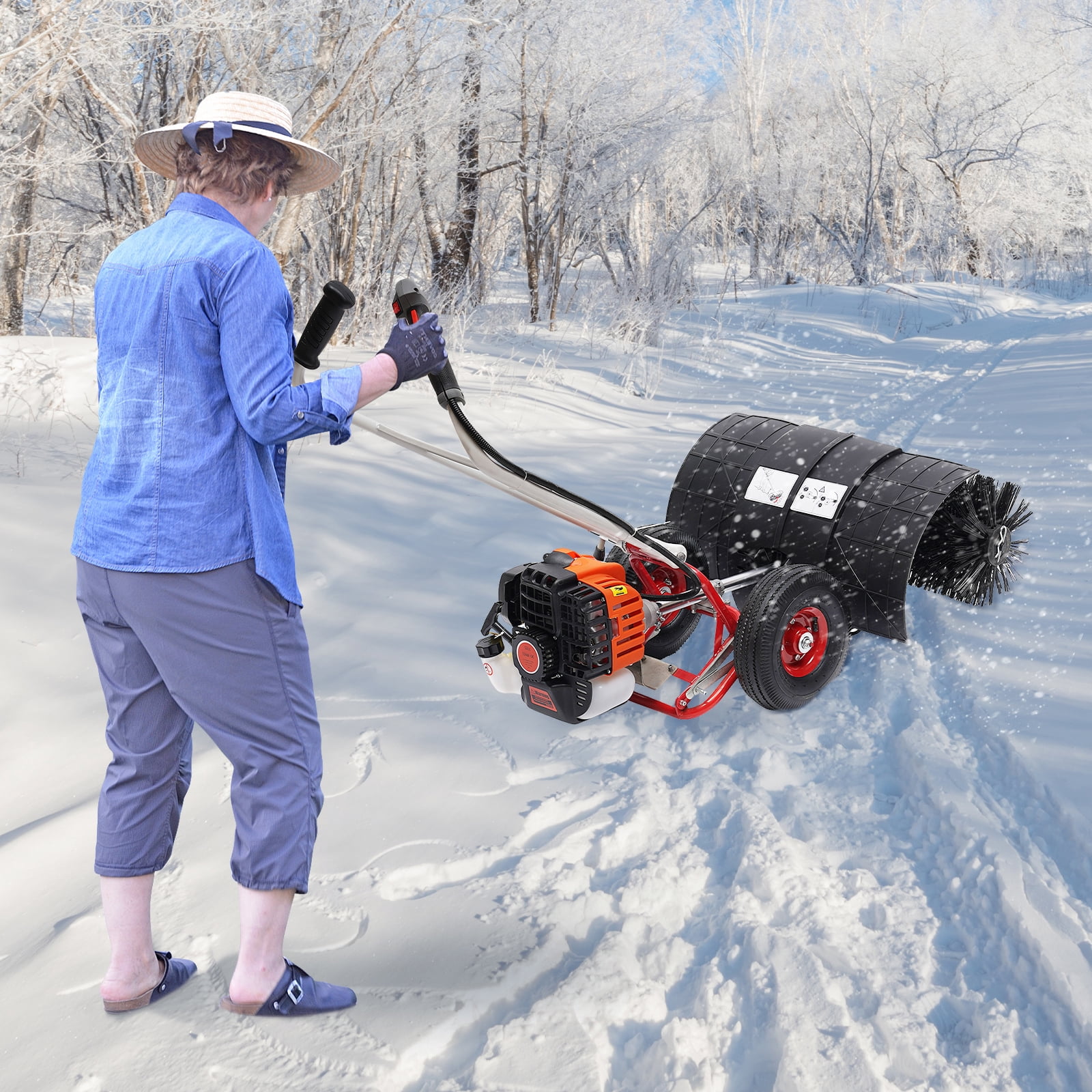 52cc 109*60*38cm Hand Push Snow Sweeper 1.82kw Gas Broom for Artificial Turf Combing Quartz Sand Filling Sweeping