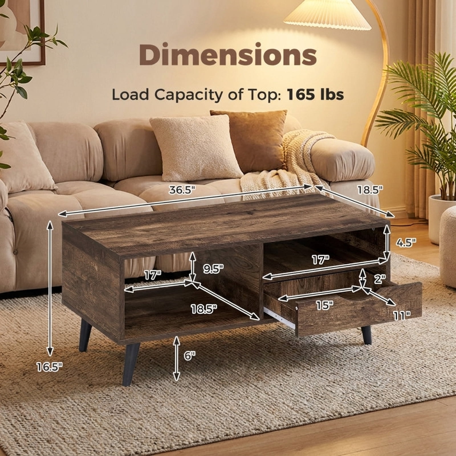 Furnibear Coffee Table with Storage Rustic Rectangle Center Table - Walnut - Living Room Cocktail Center Table
