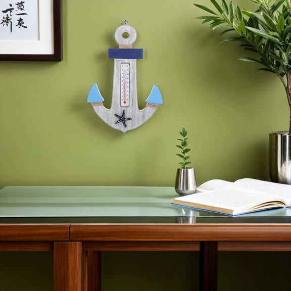 LOLIPPYY Coastal Wooden Anchor Sculpture with Nautical Temperature Gauge for Rustic Bedroom Living Room