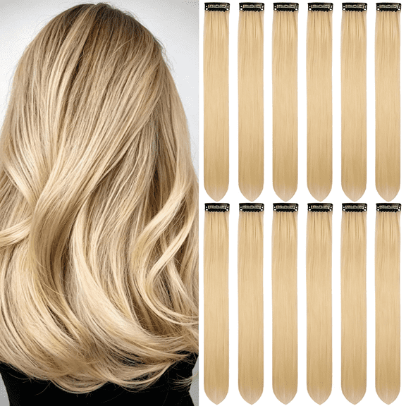 TUWAFE 12 Pcs Blonde Hair Extensions Clip in for Kids, 22 Inch Colored Party Synthetic Neon Highlights Extensions, Rainbow Hair Accessories for Girls Women Hair Pieces